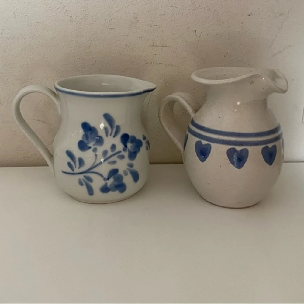 Pier 1 White Blue White Hand-painted Milk Cream Pitchers Home Decor Set of 2